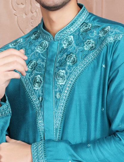 Dark Turquoise Elegant Silk Embroidery Kurta With Aligarhi Pant