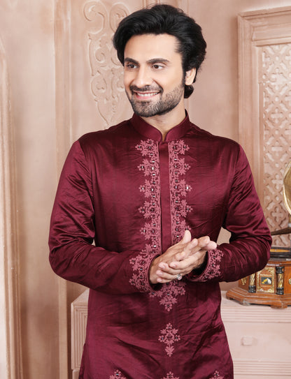 Dark Maroon Resham Thread And Mirror Work Kurta With Aligarhi Pant