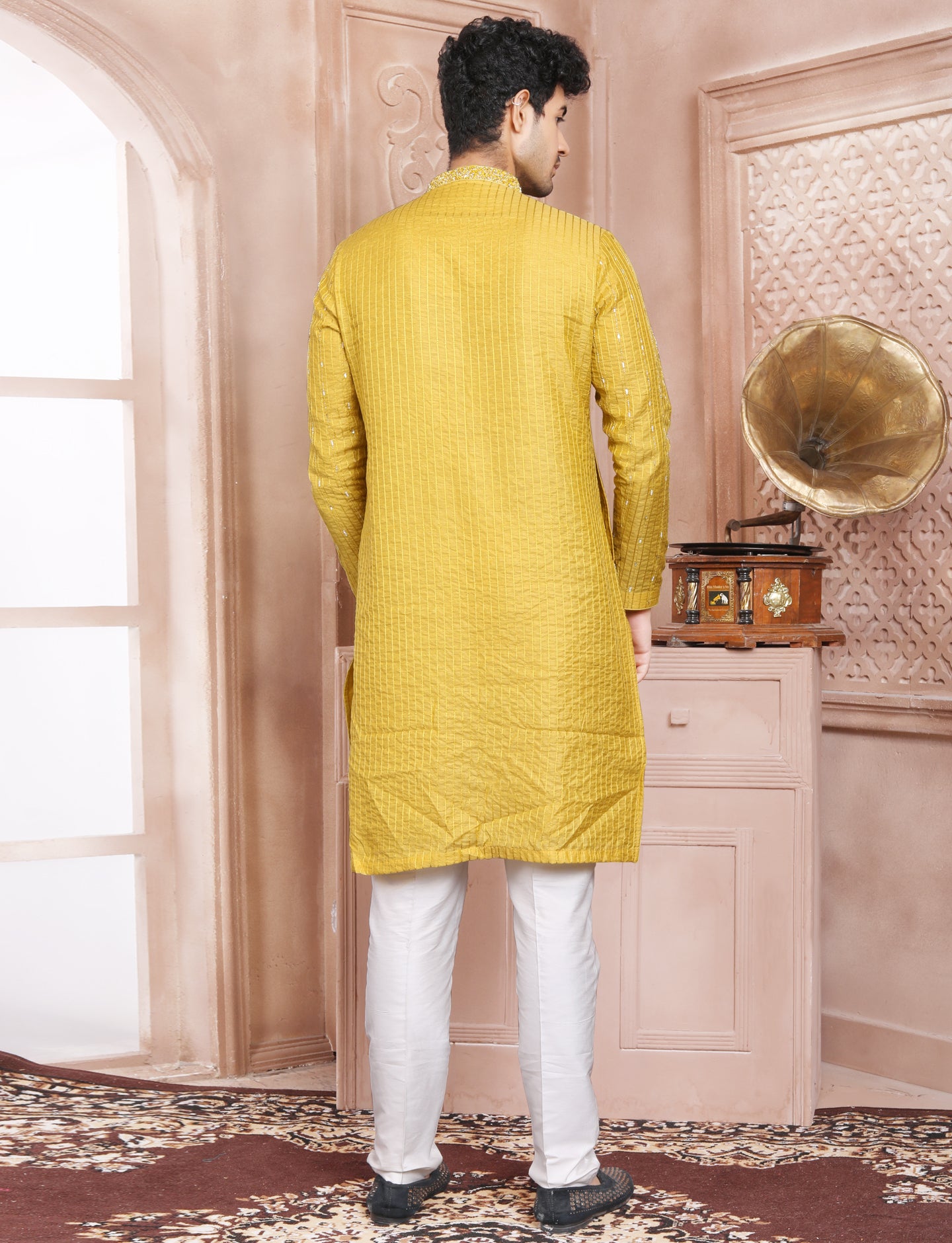 Yellow Hand Embroidery kurta With Aligarhi Pant