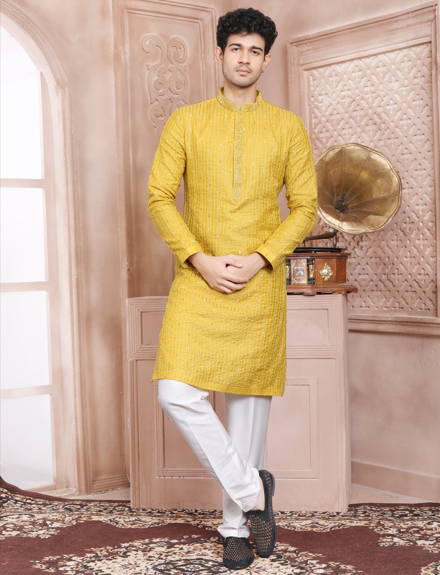 Yellow Hand Embroidery kurta With Aligarhi Pant