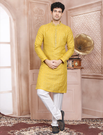 Yellow Hand Embroidery kurta With Aligarhi Pant