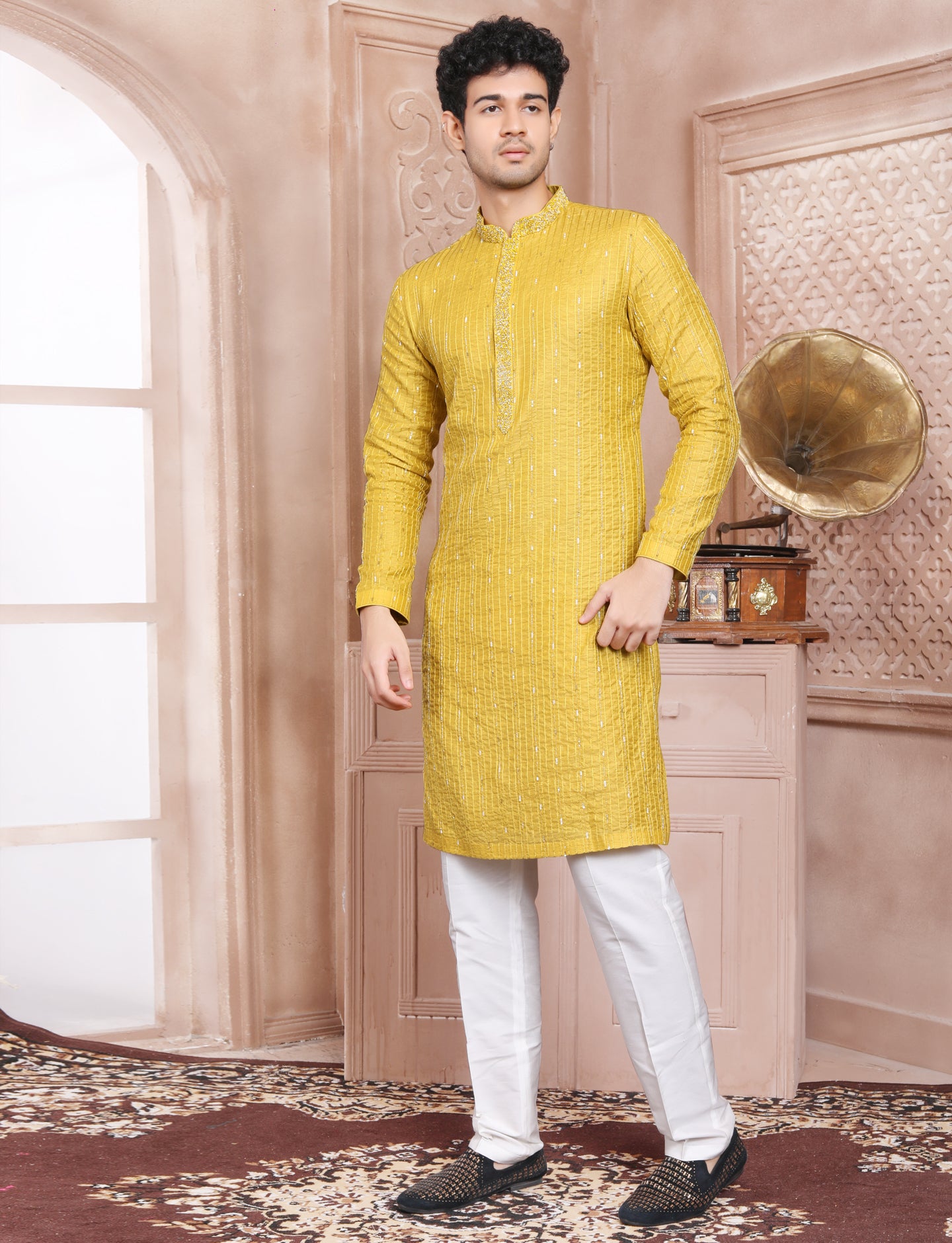 Yellow Hand Embroidery kurta With Aligarhi Pant