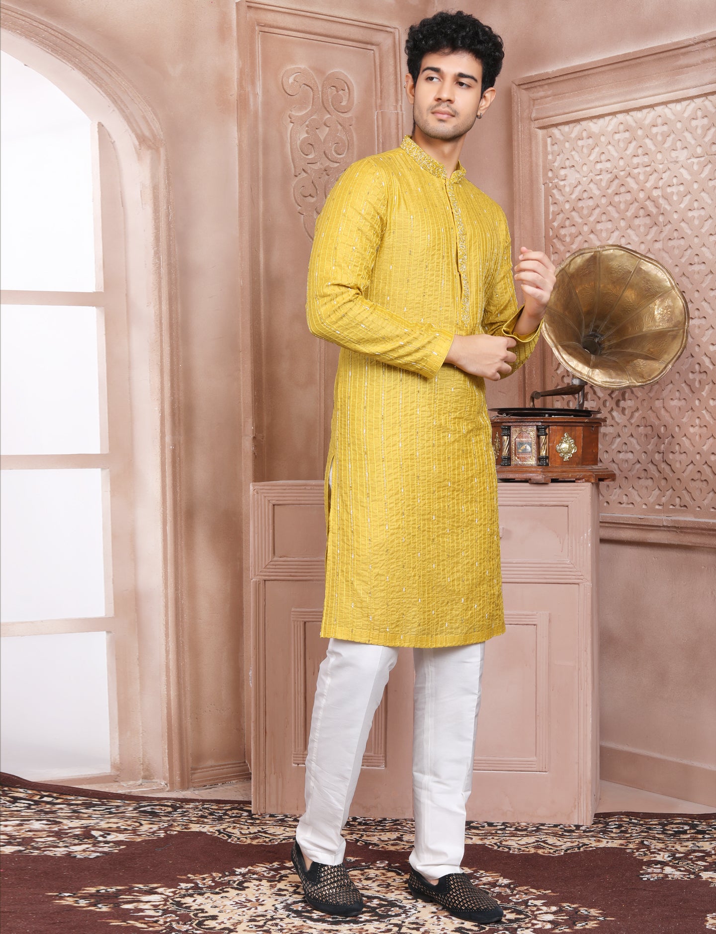 Yellow Hand Embroidery kurta With Aligarhi Pant