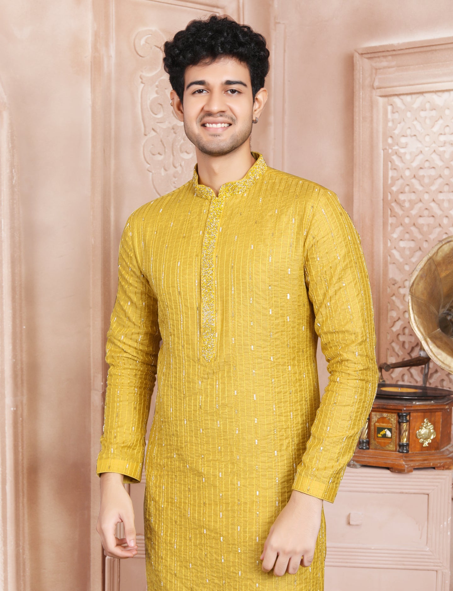 Yellow Hand Embroidery kurta With Aligarhi Pant