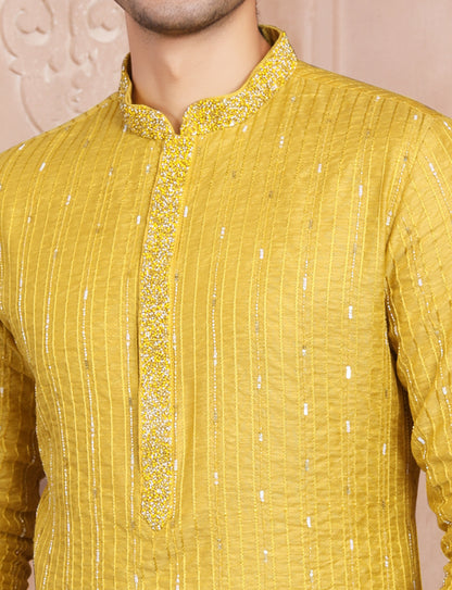 Yellow Hand Embroidery kurta With Aligarhi Pant