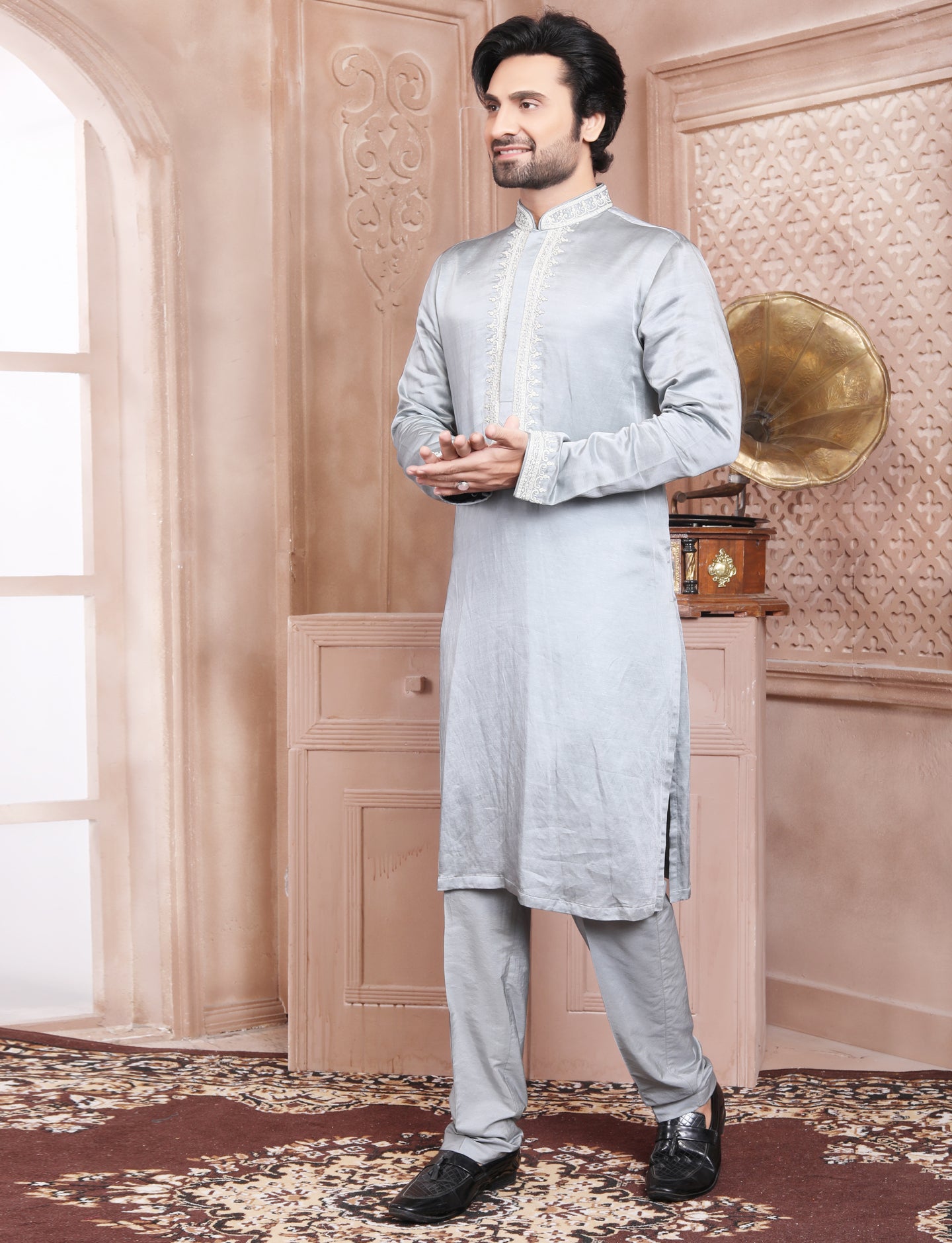 Grey Glamour Kurta with Pearl Moti and Resham Dori Embroidery