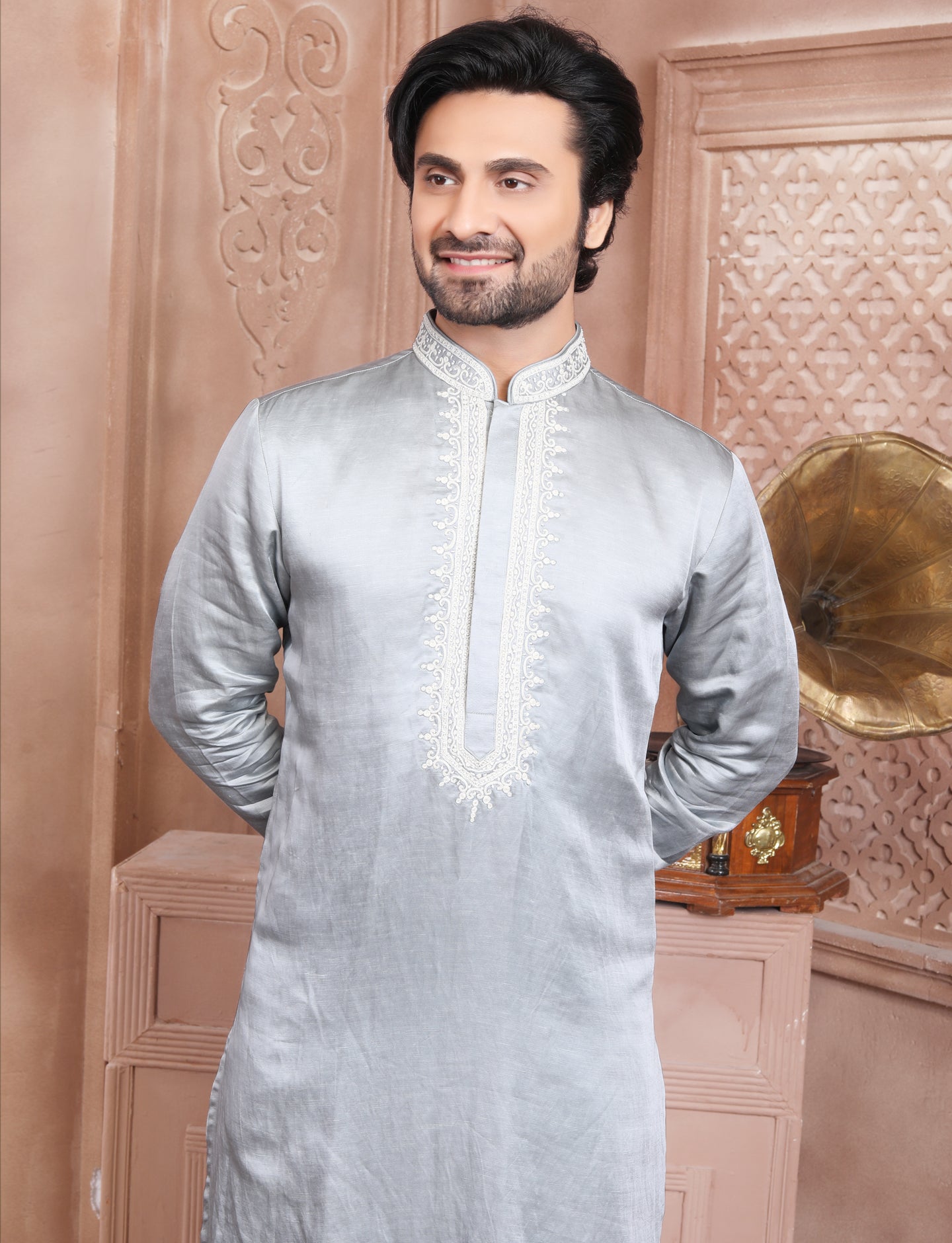 Grey Glamour Kurta with Pearl Moti and Resham Dori Embroidery