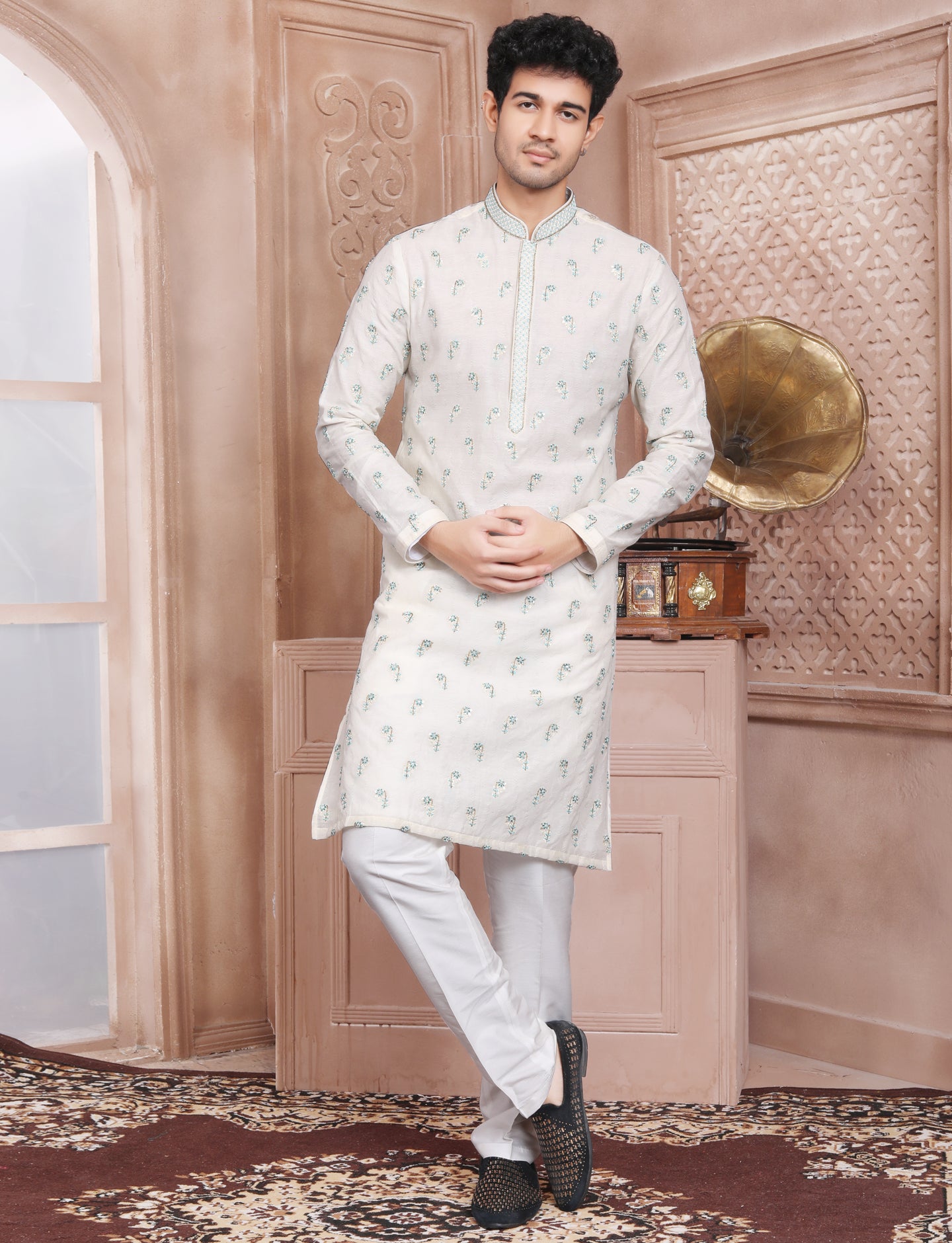 Creme Floral Fantasy Kurta with Hand Embroidery