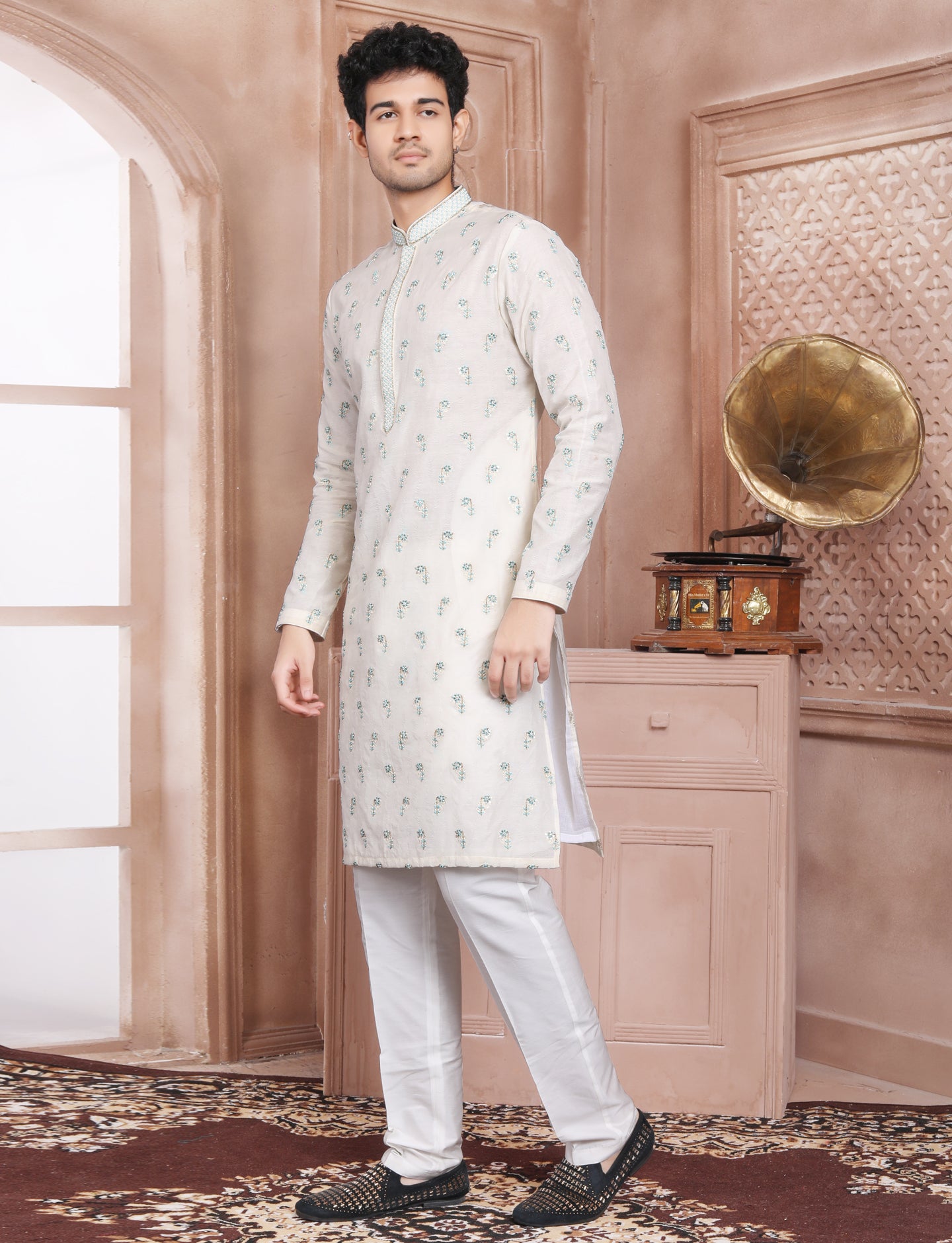 Creme Floral Fantasy Kurta with Hand Embroidery