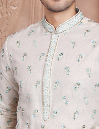 Creme Floral Fantasy Kurta with Hand Embroidery