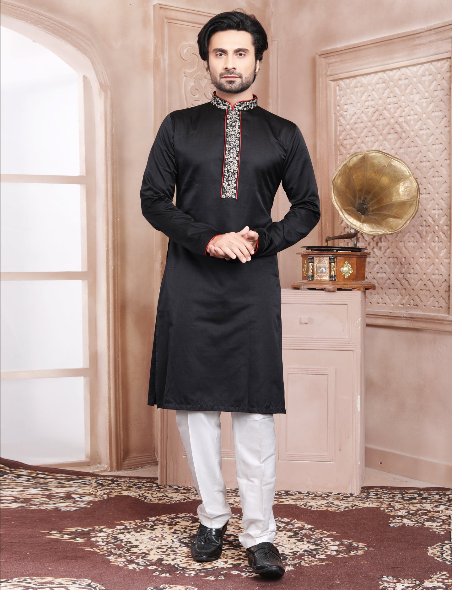 Black Stylis Hand Embroidery kurta With Aligarhi Pant