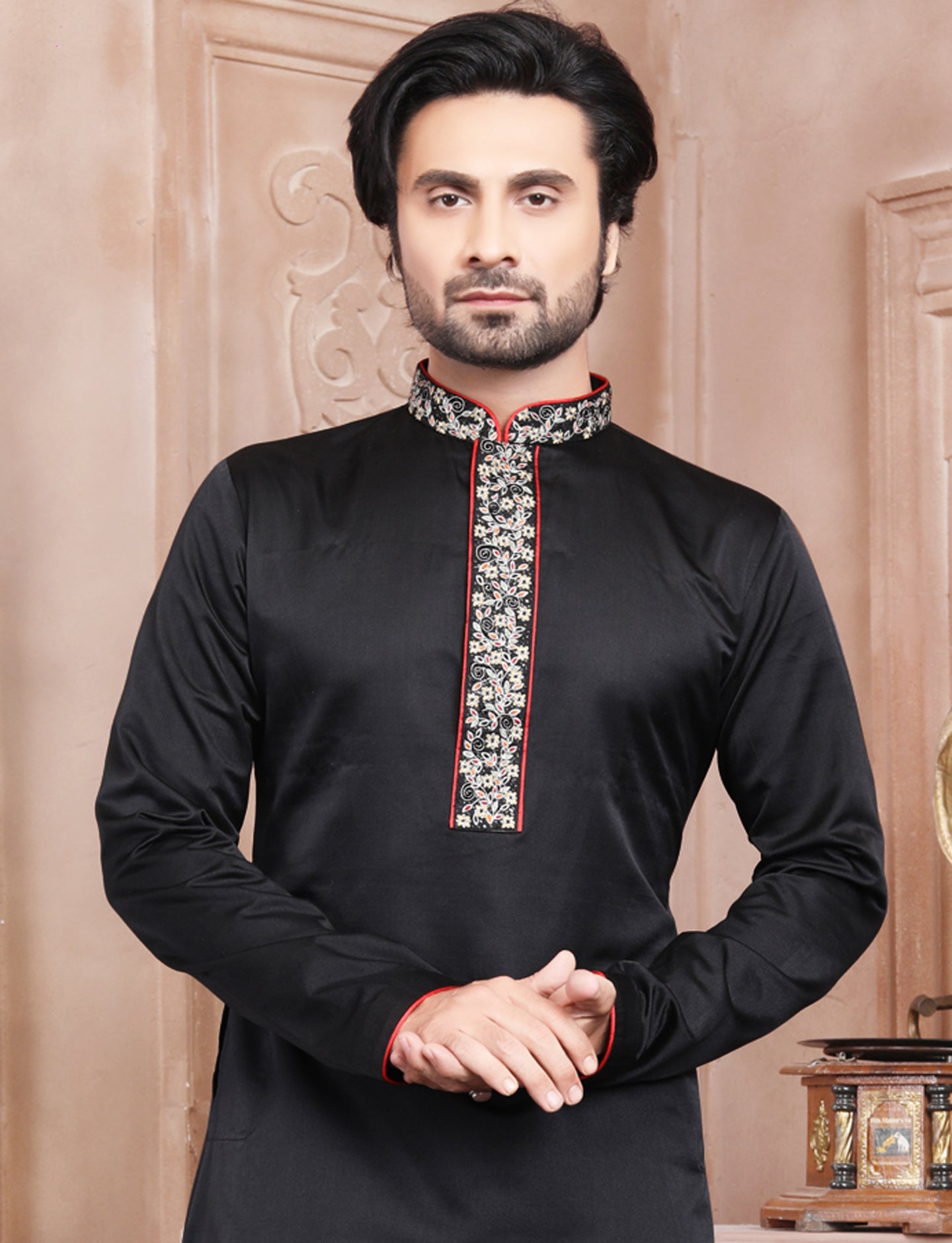 Black Stylis Hand Embroidery kurta With Aligarhi Pant