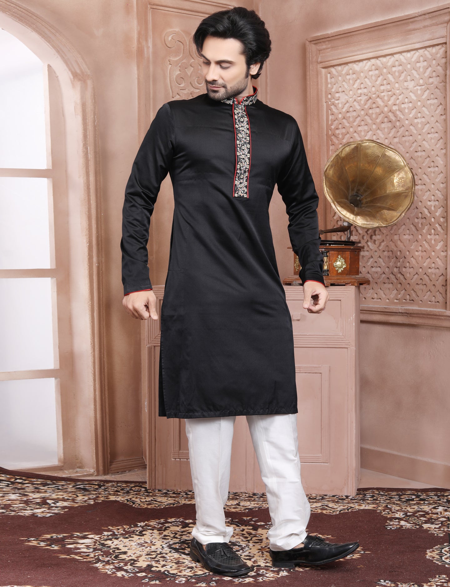 Black Stylis Hand Embroidery kurta With Aligarhi Pant