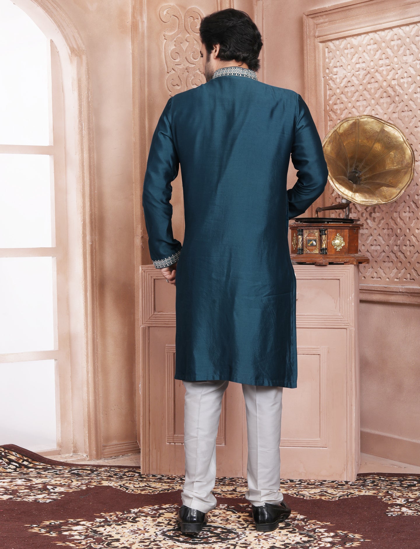 Dark Turquoise Elegant Silk Embroidery Kurta With Aligarhi Pant