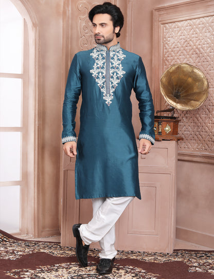 Dark Turquoise Elegant Silk Embroidery Kurta With Aligarhi Pant