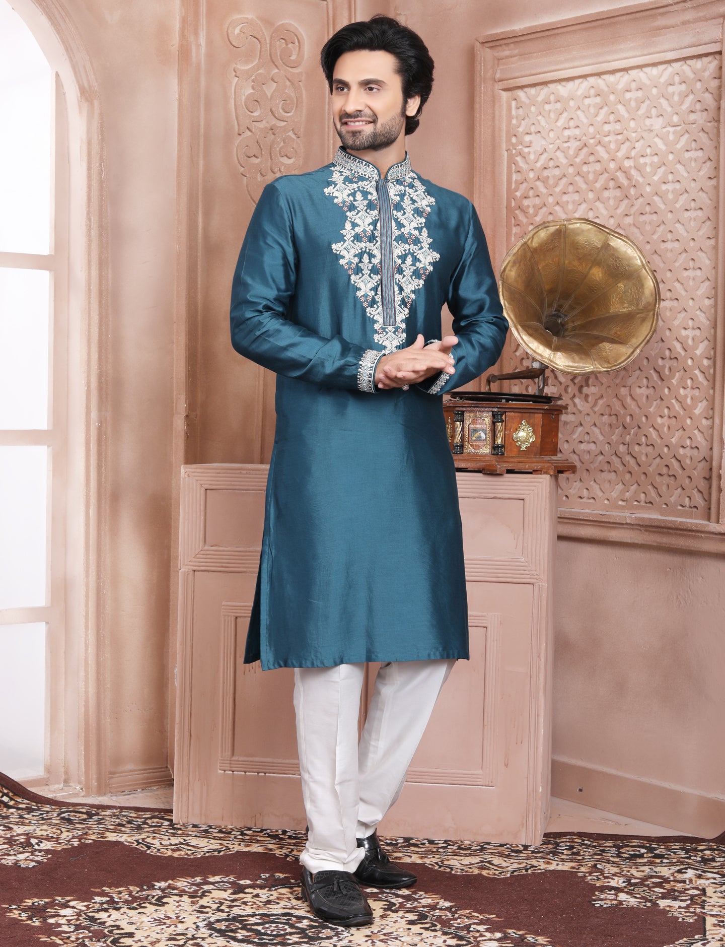 Dark Turquoise Elegant Silk Embroidery Kurta With Aligarhi Pant