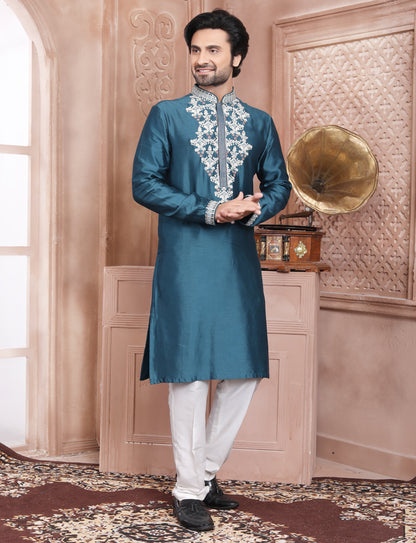 Dark Turquoise Elegant Silk Embroidery Kurta With Aligarhi Pant