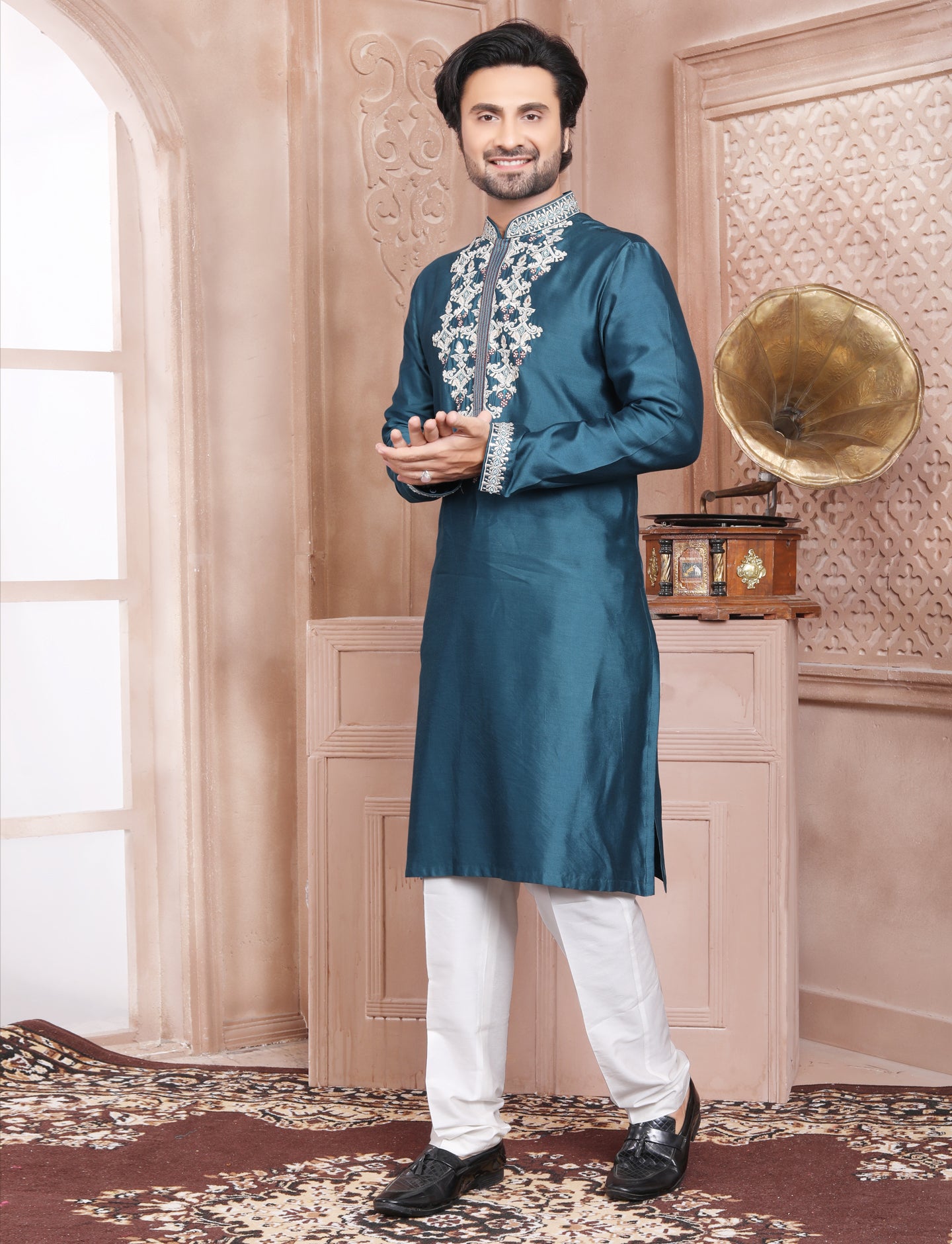 Dark Turquoise Elegant Silk Embroidery Kurta With Aligarhi Pant