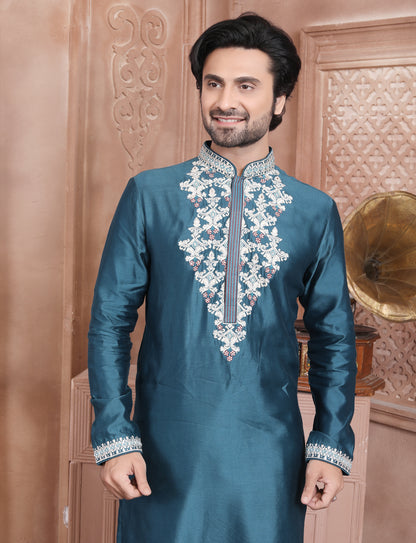 Dark Turquoise Elegant Silk Embroidery Kurta With Aligarhi Pant