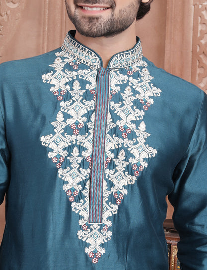 Dark Turquoise Elegant Silk Embroidery Kurta With Aligarhi Pant