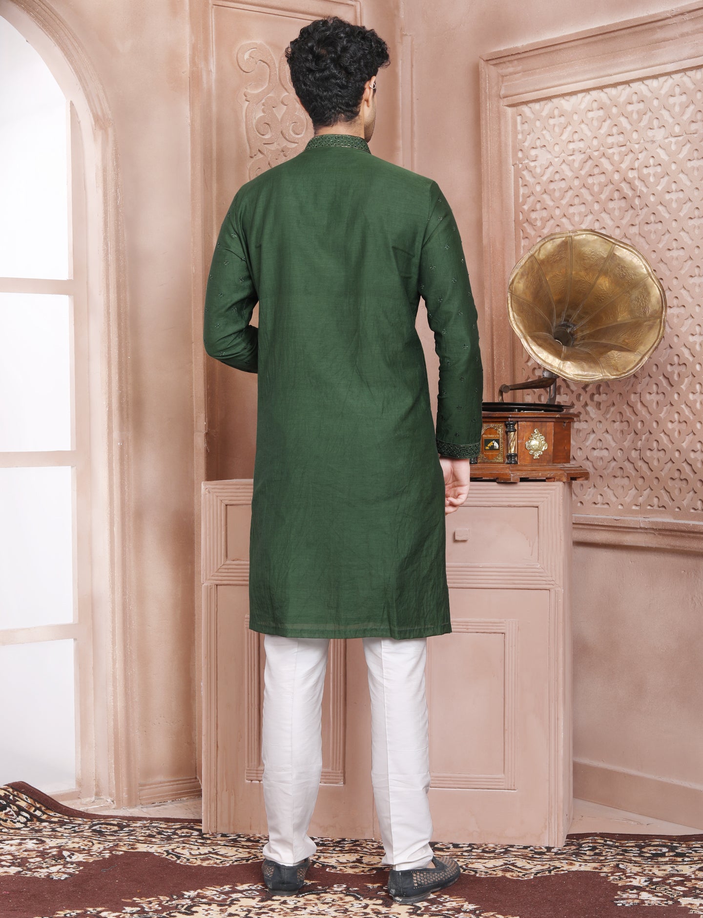 Dark Green Hand Embroidery Kurta With Aligarhi Pant