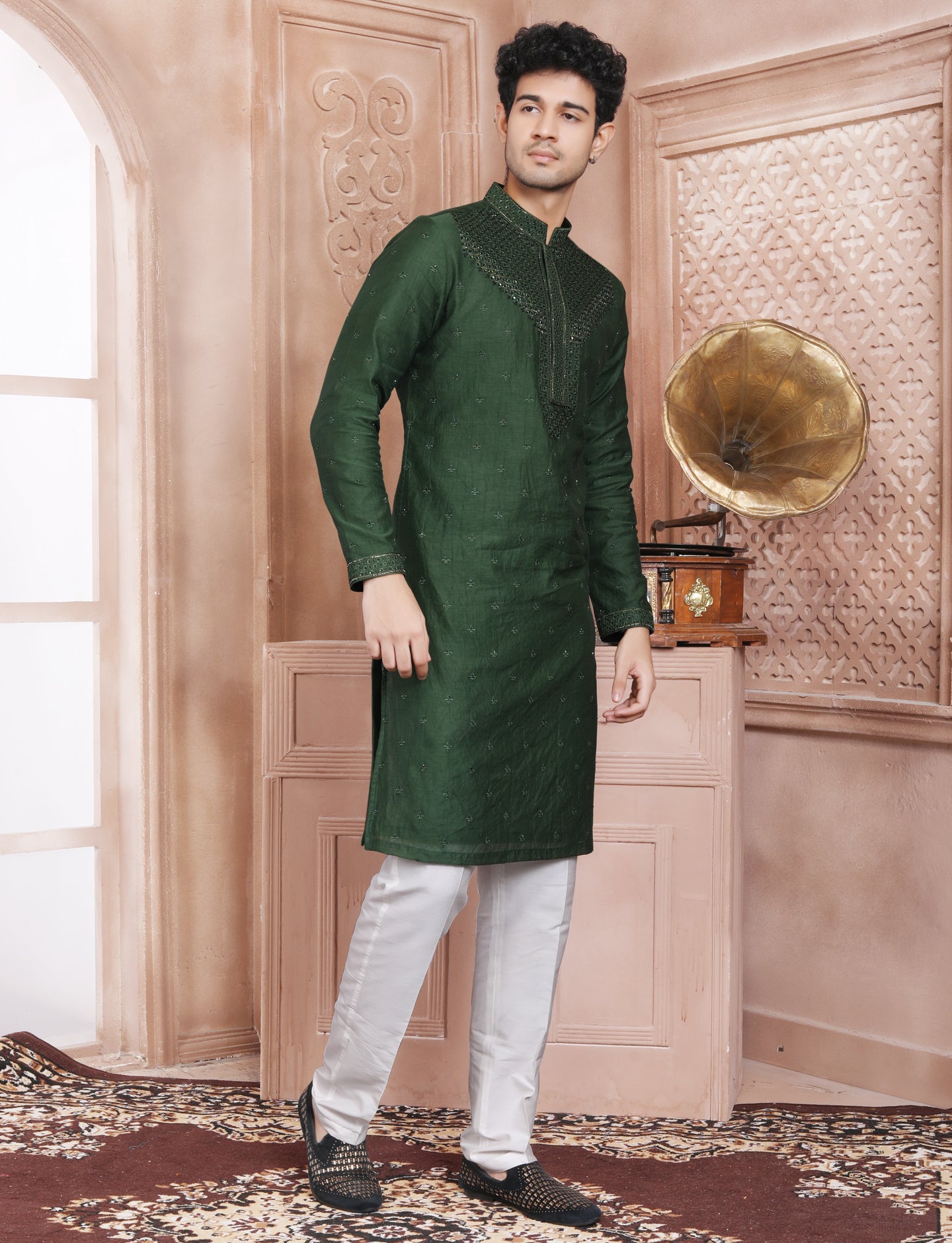 Dark Green Hand Embroidery Kurta With Aligarhi Pant