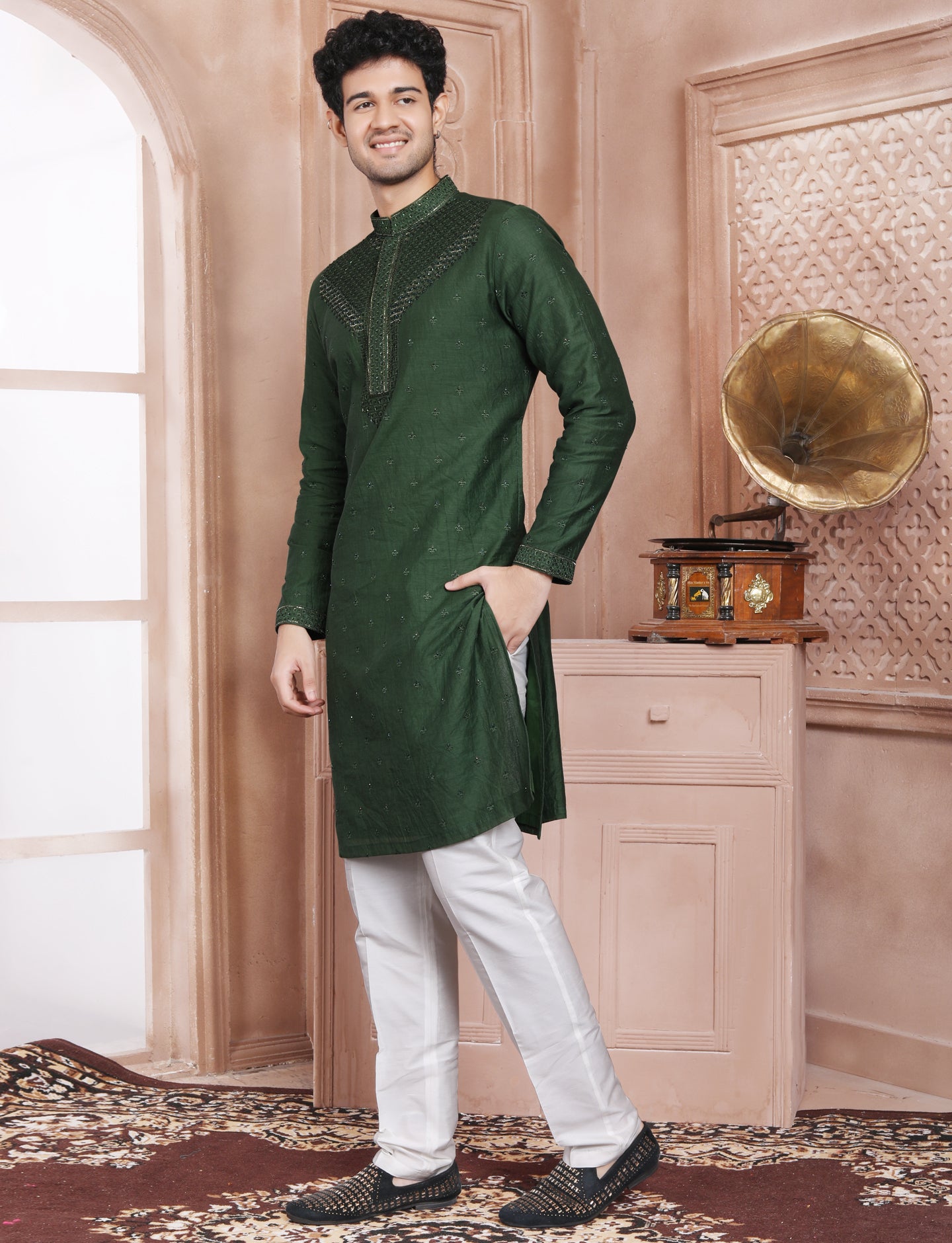 Dark Green Hand Embroidery Kurta With Aligarhi Pant