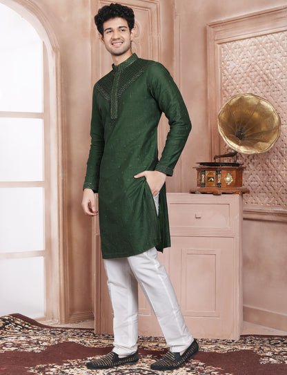 Dark Green Hand Embroidery Kurta With Aligarhi Pant