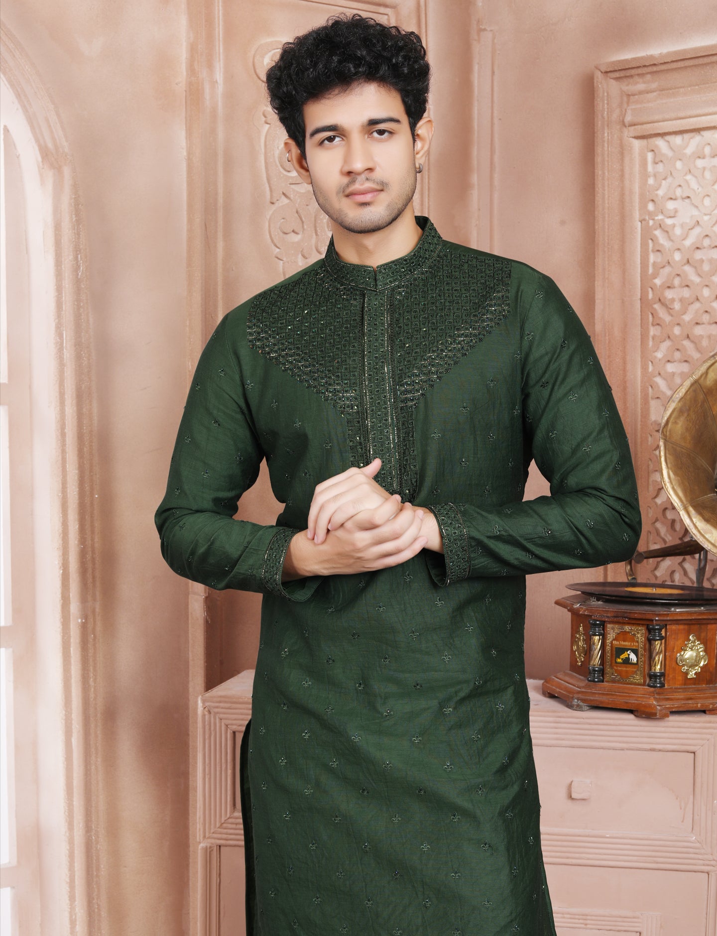 Dark Green Hand Embroidery Kurta With Aligarhi Pant