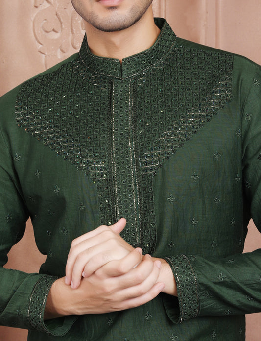 Dark Green Hand Embroidery Kurta With Aligarhi Pant