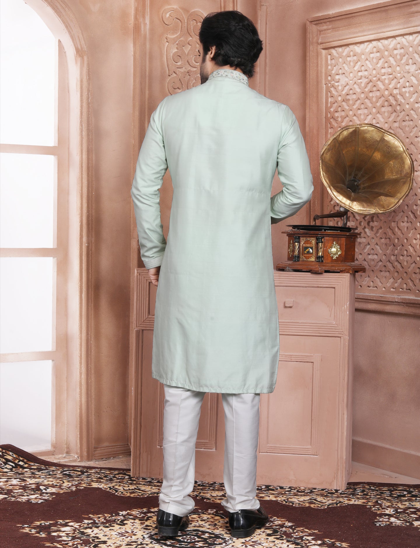 Sea Green Banarasi Silk stylish Handcrafted Kurta With Aligarhi Pant