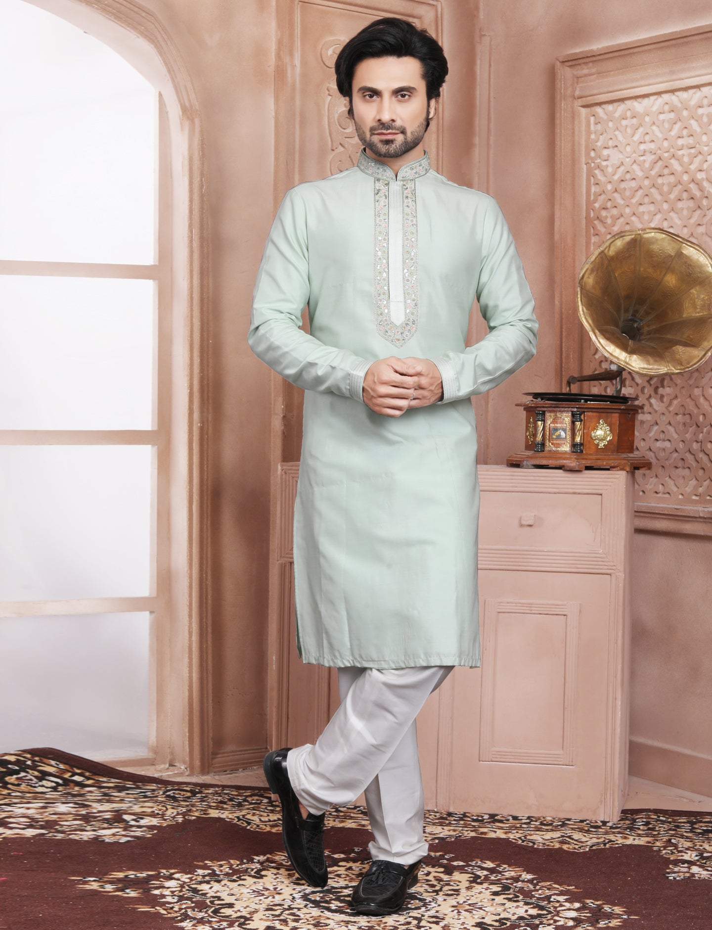 Sea Green Banarasi Silk stylish Handcrafted Kurta With Aligarhi Pant