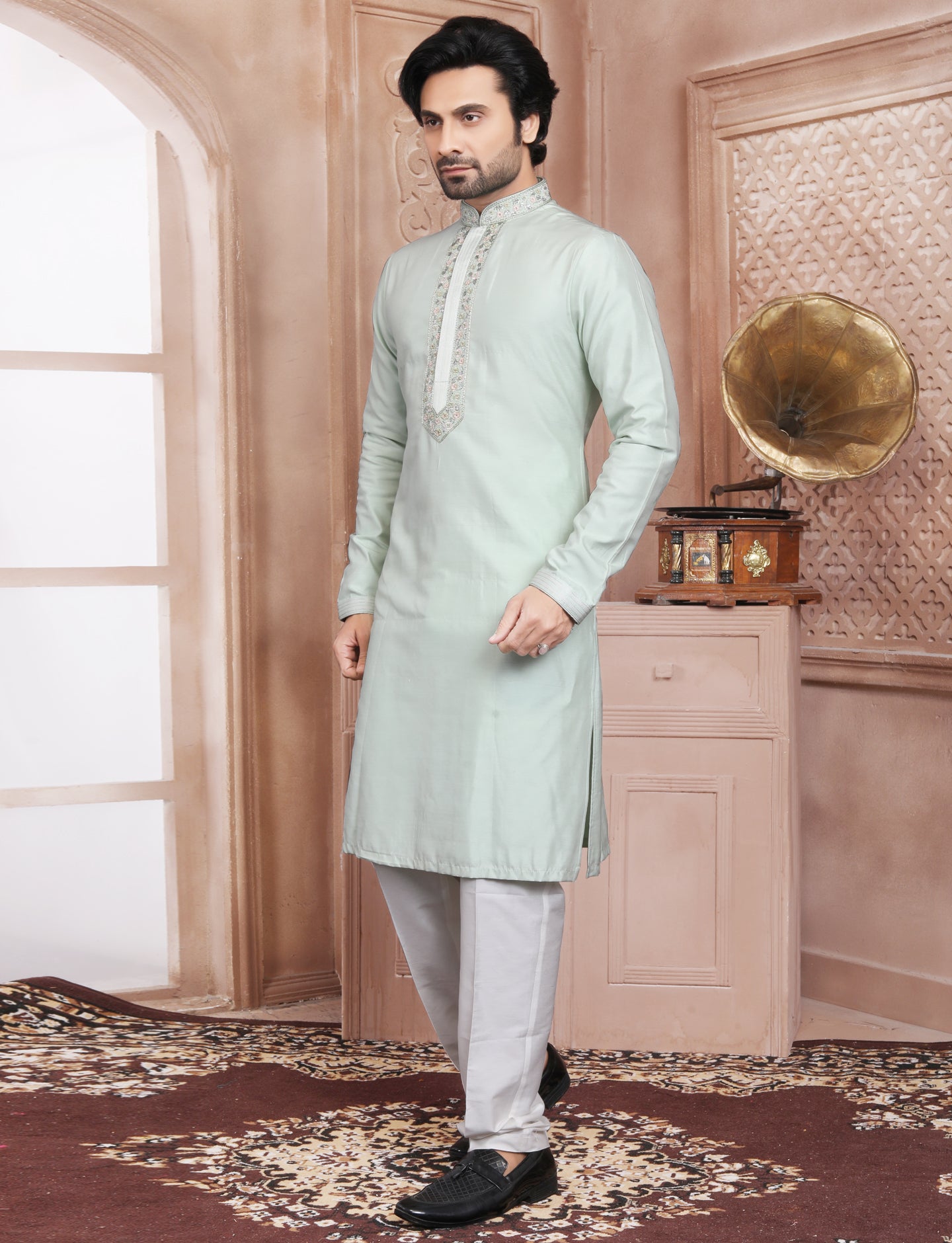 Sea Green Banarasi Silk stylish Handcrafted Kurta With Aligarhi Pant