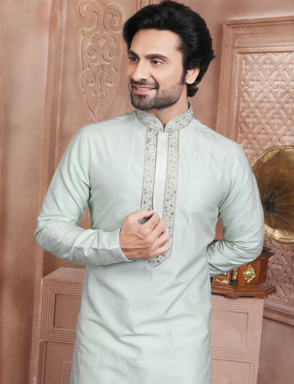 Sea Green Banarasi Silk stylish Handcrafted Kurta With Aligarhi Pant