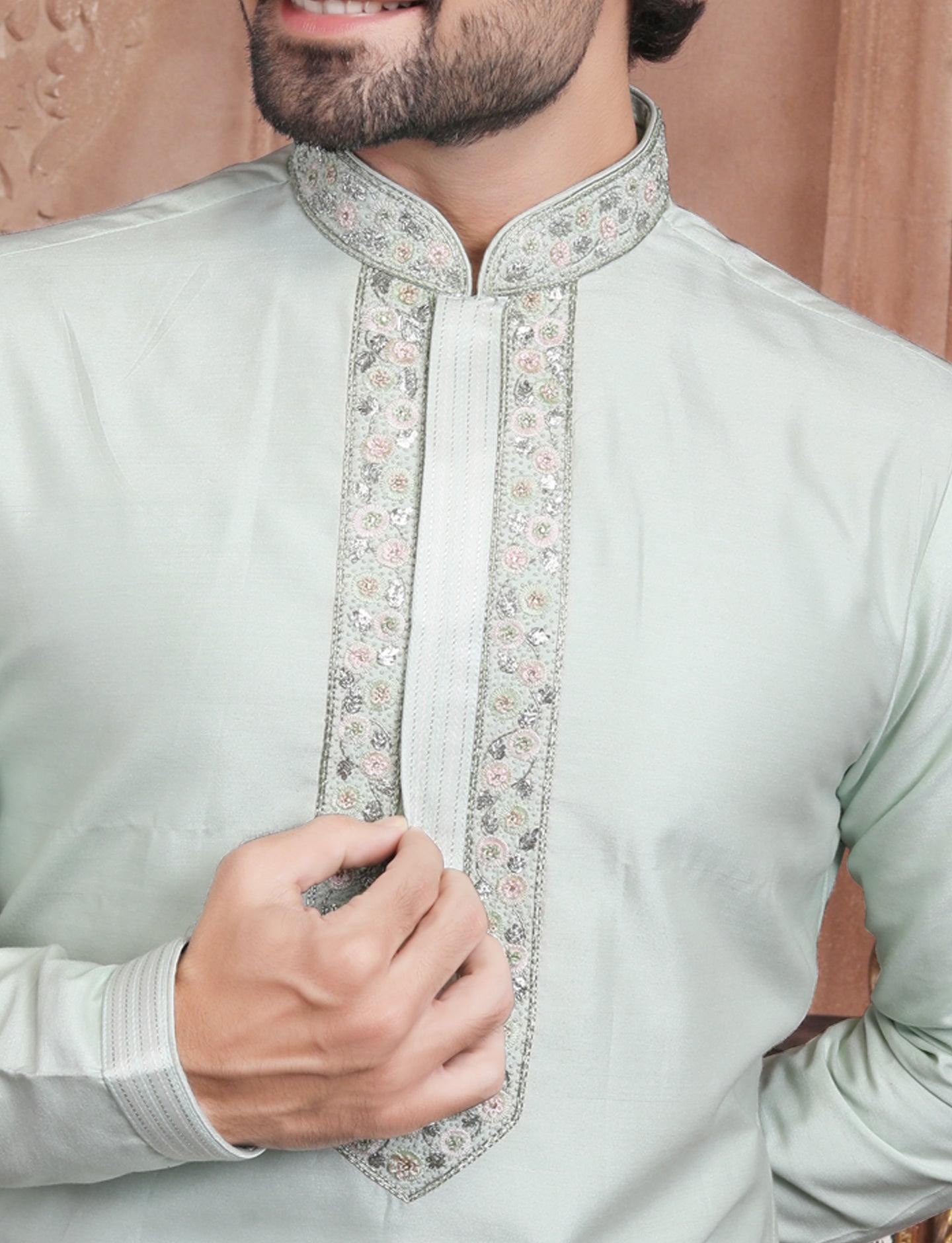 Sea Green Banarasi Silk stylish Handcrafted Kurta With Aligarhi Pant