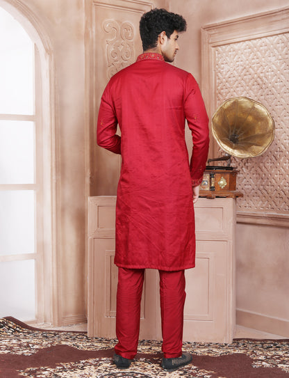 Red Hand Embroidery Kurta With Aligarhi Pant