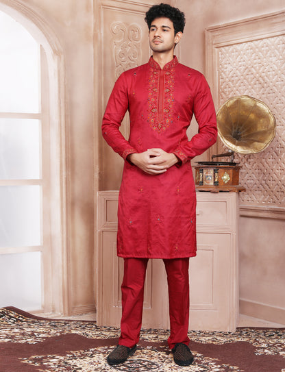 Red Hand Embroidery Kurta With Aligarhi Pant