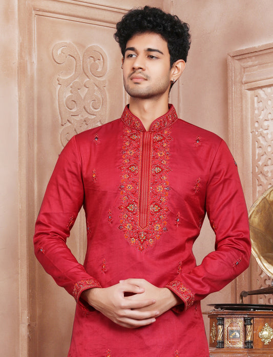 Red Hand Embroidery Kurta With Aligarhi Pant