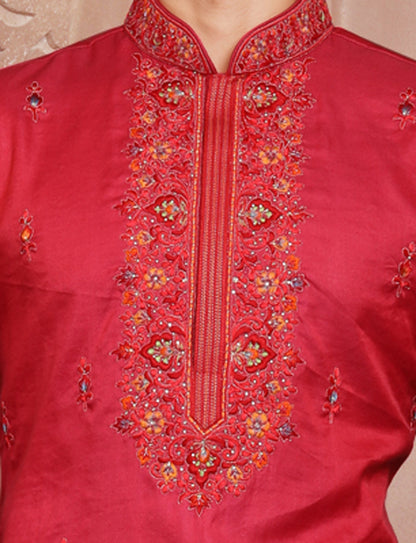 Red Hand Embroidery Kurta With Aligarhi Pant