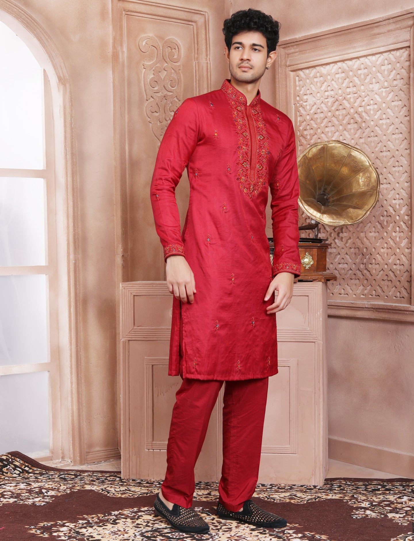 Red Hand Embroidery Kurta With Aligarhi Pant