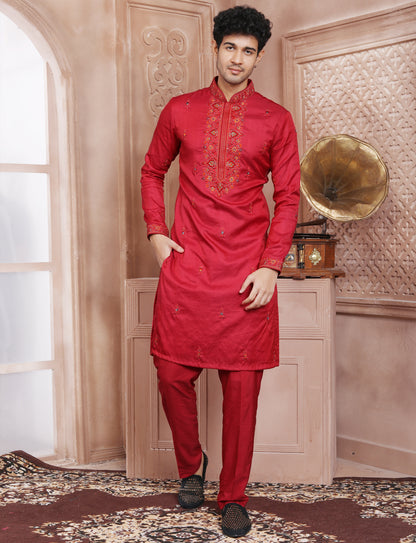 Red Hand Embroidery Kurta With Aligarhi Pant