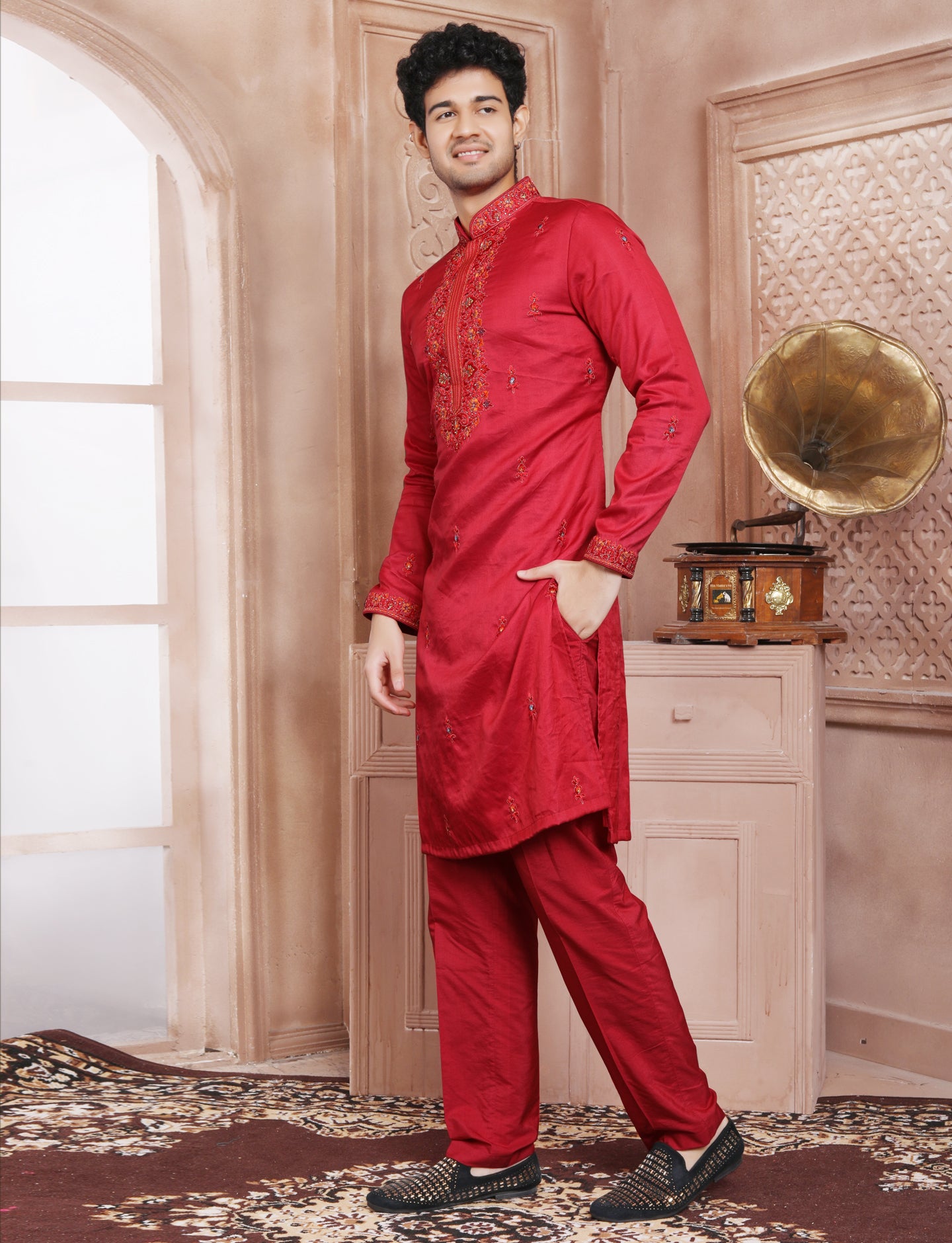 Red Hand Embroidery Kurta With Aligarhi Pant