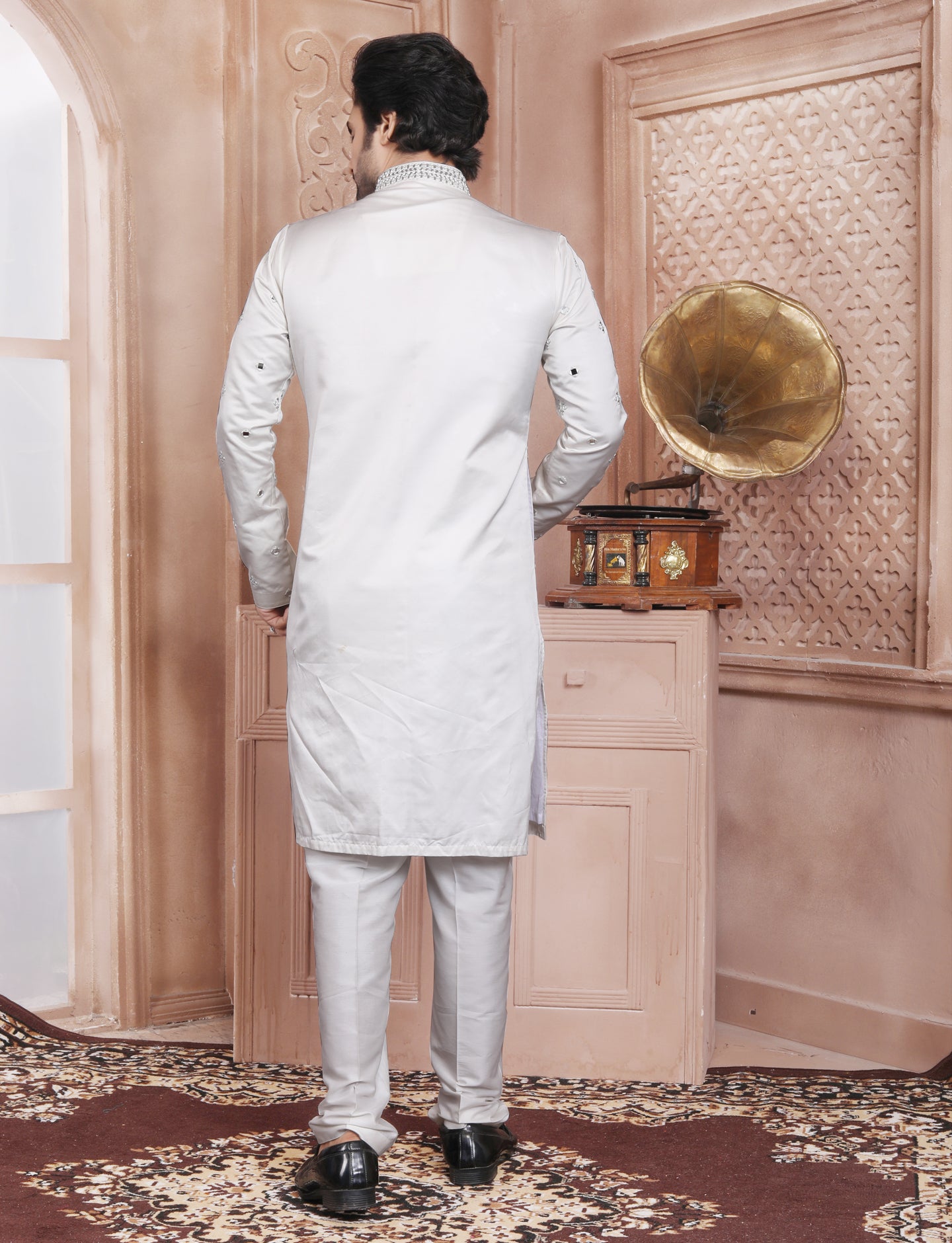 White Mirror & Thread Work Kurta With Aligarhi Pant