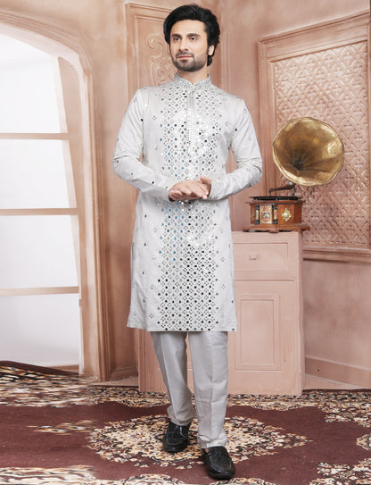 White Mirror & Thread Work Kurta With Aligarhi Pant