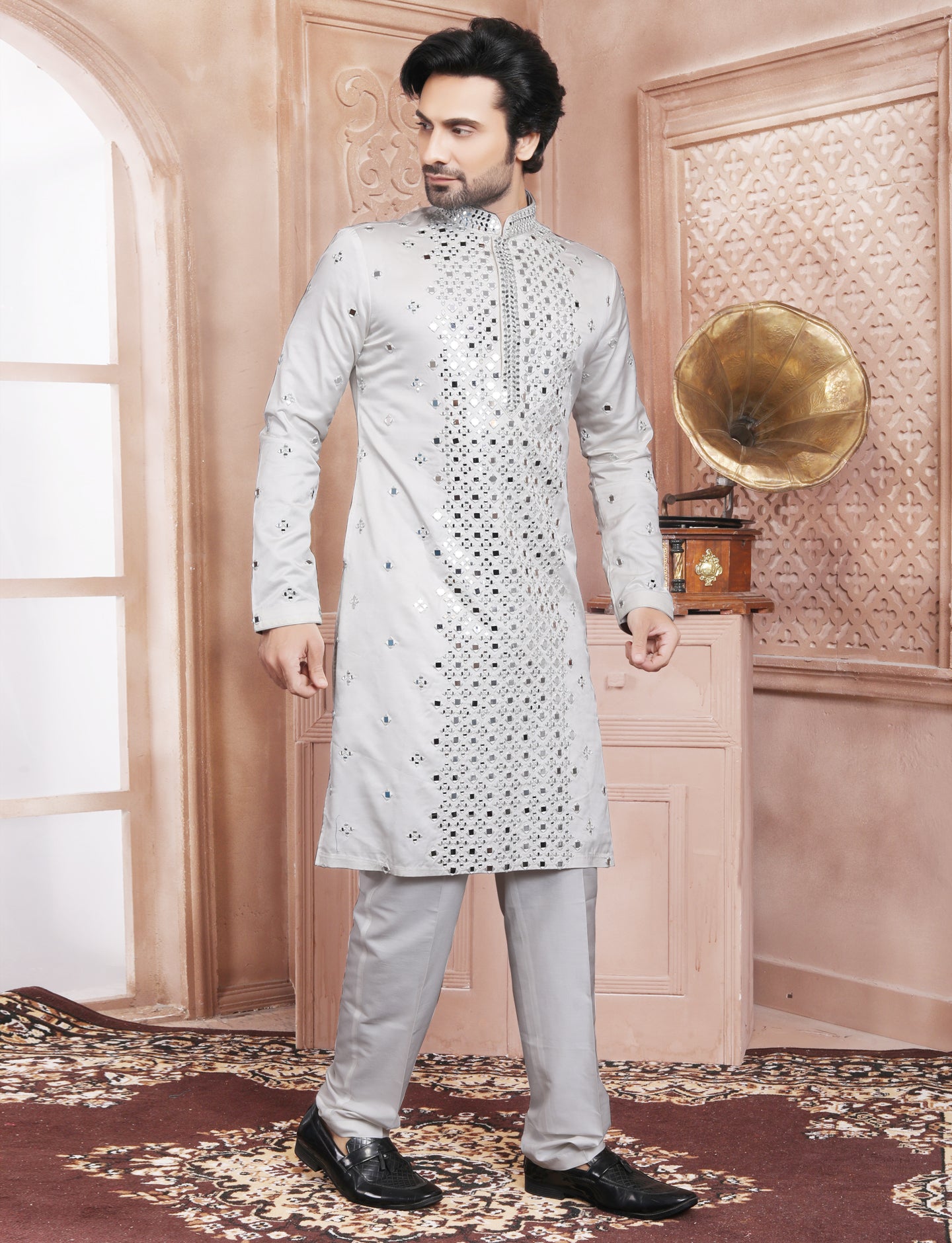 White Mirror & Thread Work Kurta With Aligarhi Pant