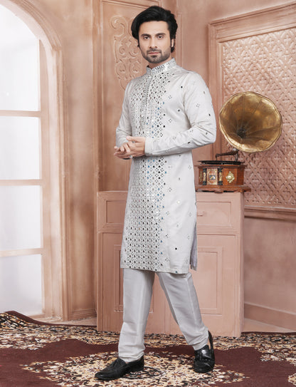 White Mirror & Thread Work Kurta With Aligarhi Pant