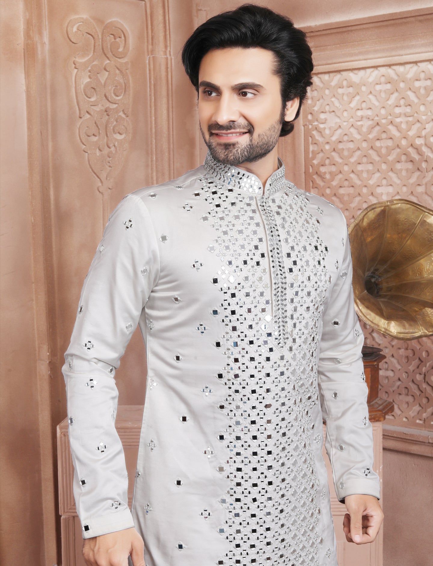 White Mirror & Thread Work Kurta With Aligarhi Pant