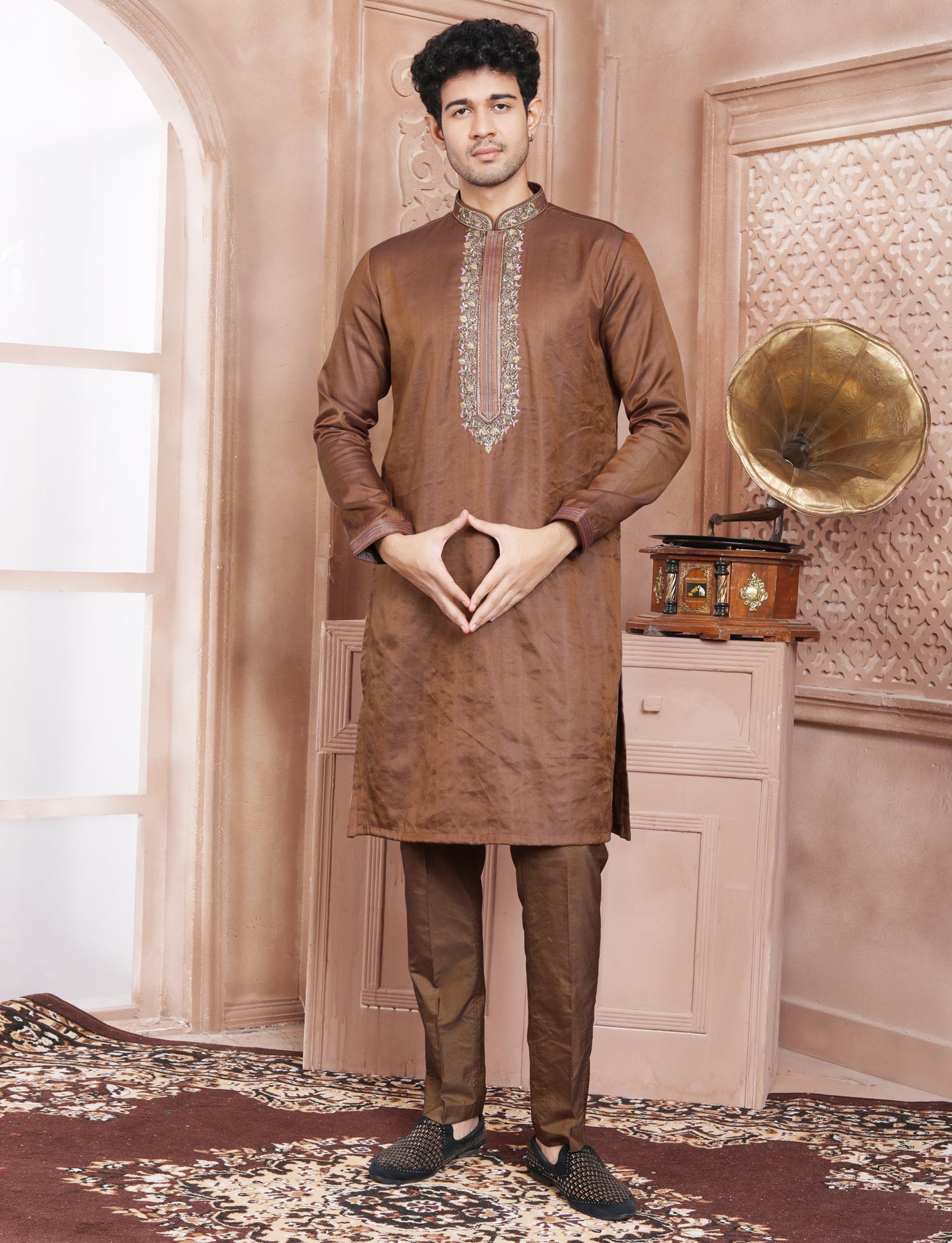 Coffee Brown Hand Embroidery Kurta With Aligarhi Pant