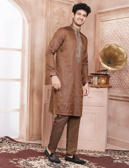 Coffee Brown Hand Embroidery Kurta With Aligarhi Pant