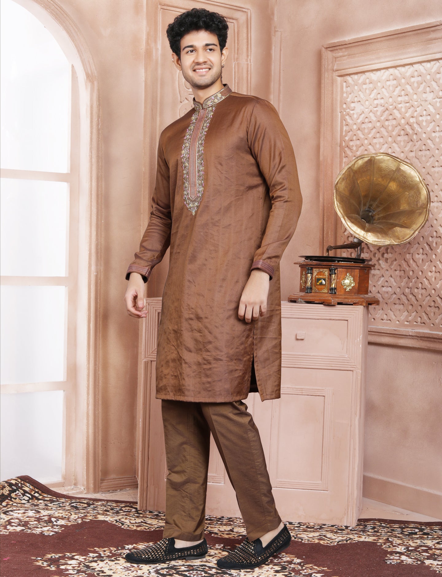 Coffee Brown Hand Embroidery Kurta With Aligarhi Pant